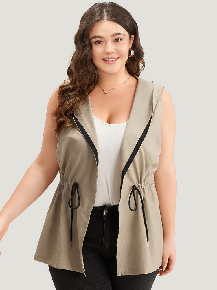 Contrast Trim Hooded Elastic Waist Drawstring Sleeveless Jacket