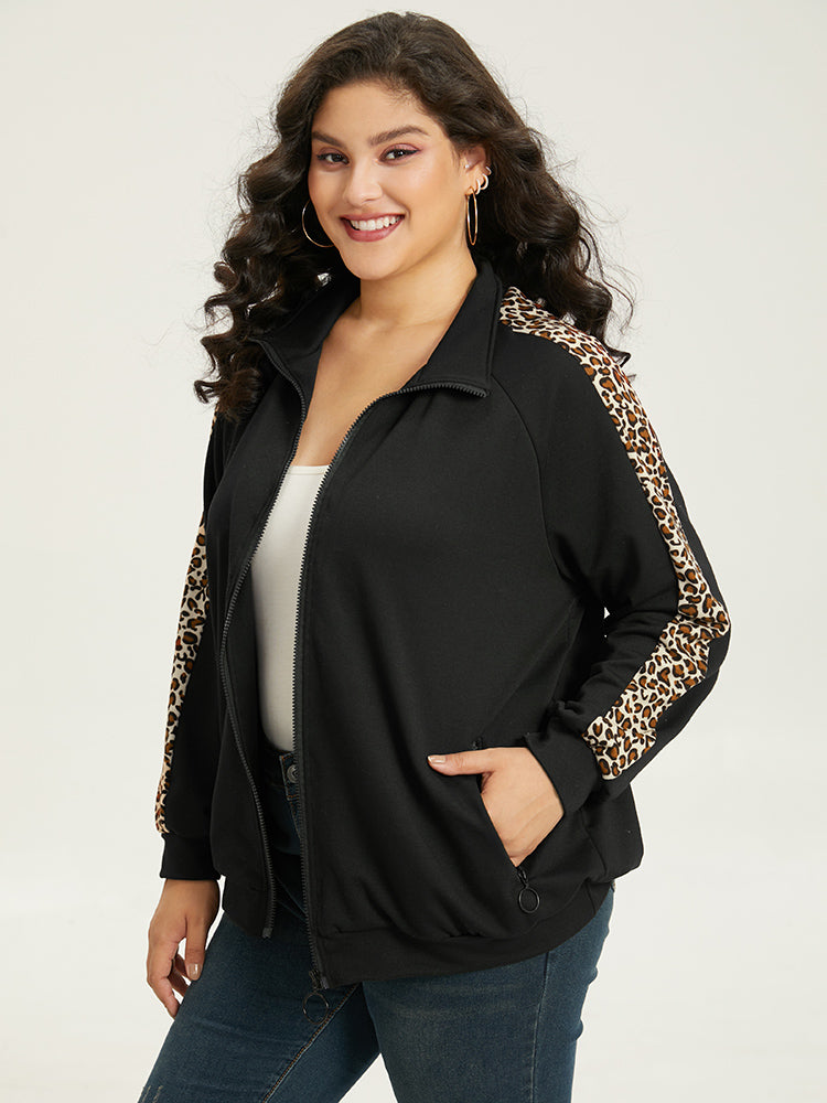 Leopard Print Patchwork Zipper Pocket Jacket