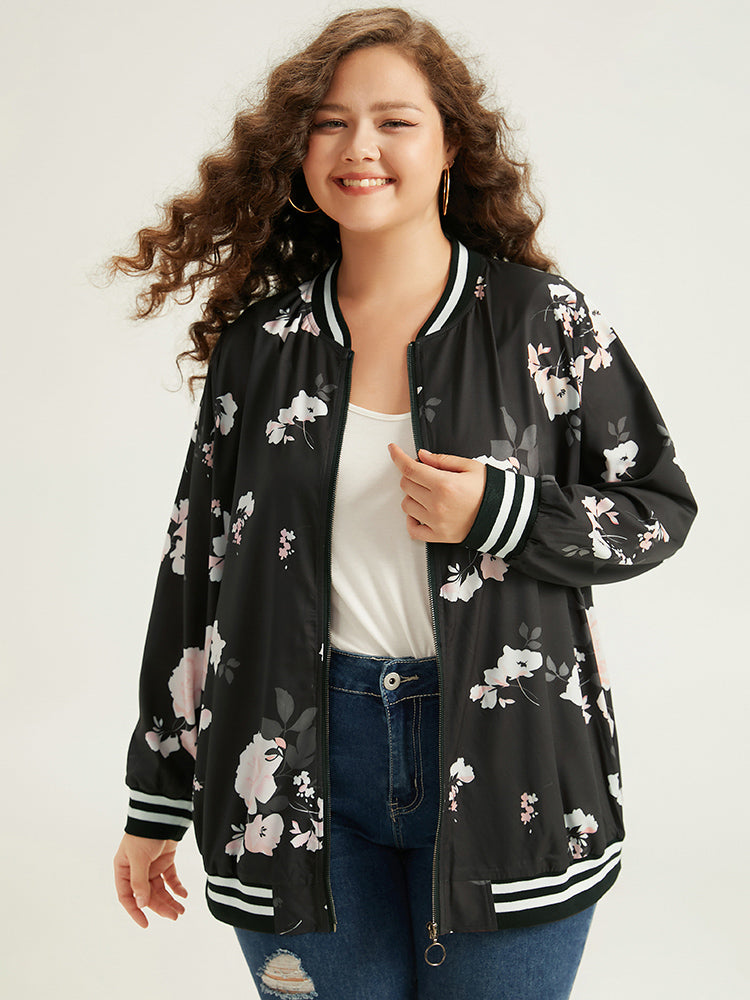 Floral Contrast Trim O Ring Zipper Jacket