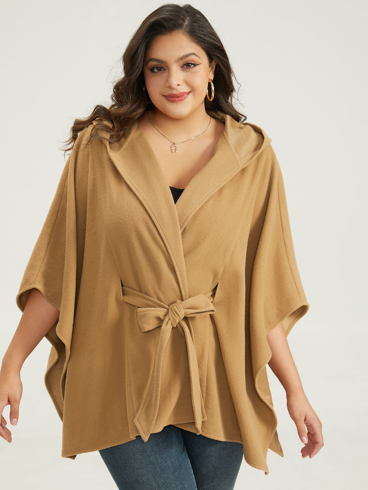 Solid Hooded Belted Batwing Sleeve Jacket