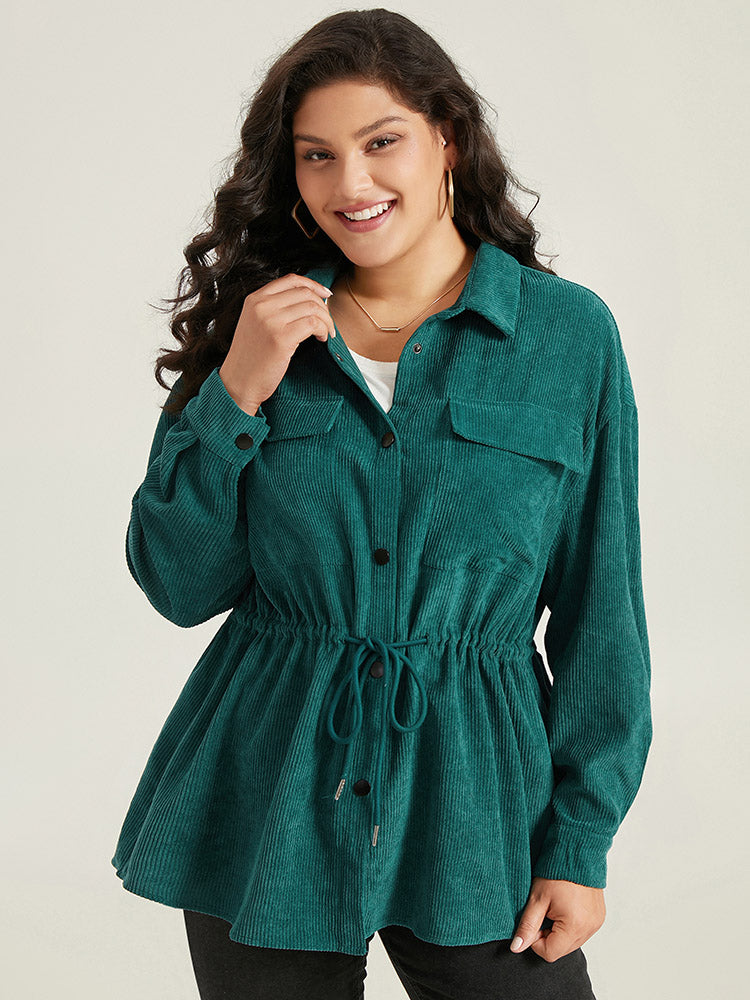 Plain Corduroy Pocket Button Up Drawstring Gathered Coat