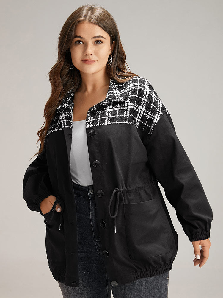 Plaid Patchwork Contrast Drawstring Button Up Jacket