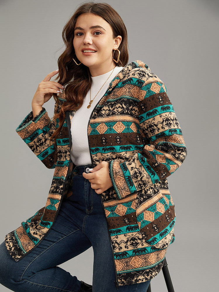 Boho Print Zipper Pocket Hooded Jacket