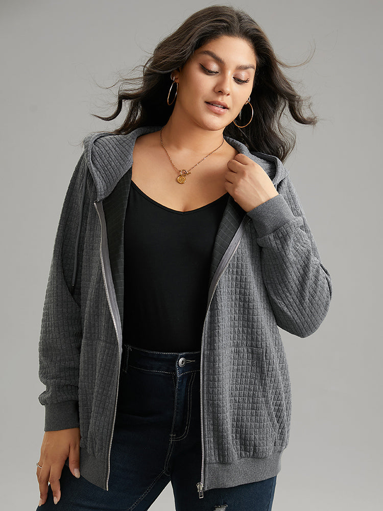 Plain Zipper Drawstring Jacquard Jacket