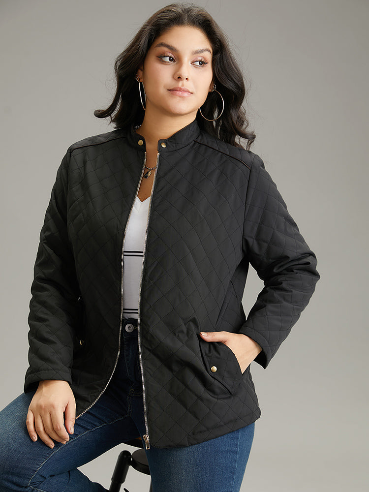 Plain Quilted Zipper Button Detail Jacket