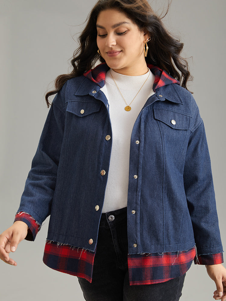 Denim Plaid Patchwork Contrast Hooded Jacket