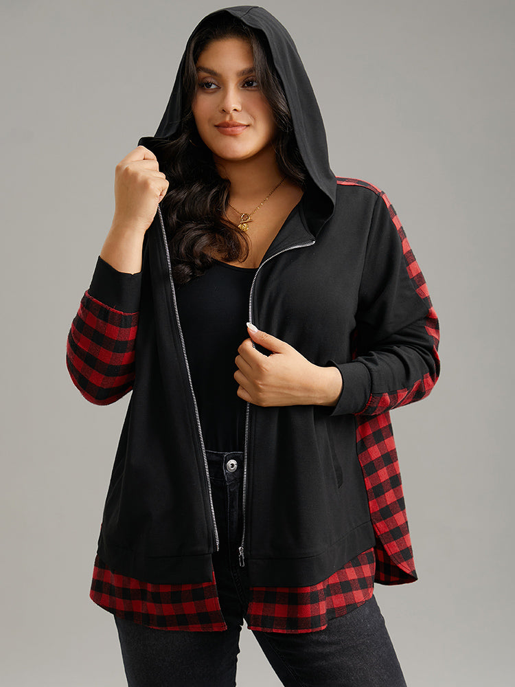 Plaid Patchwork Zipper Hooded Asymmetrical Hem Jacket