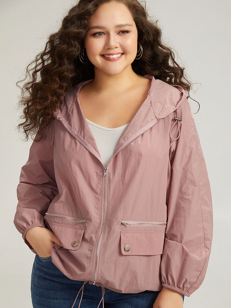 Plain Hooded Pocket Zipper Fly Drawstring Jacket