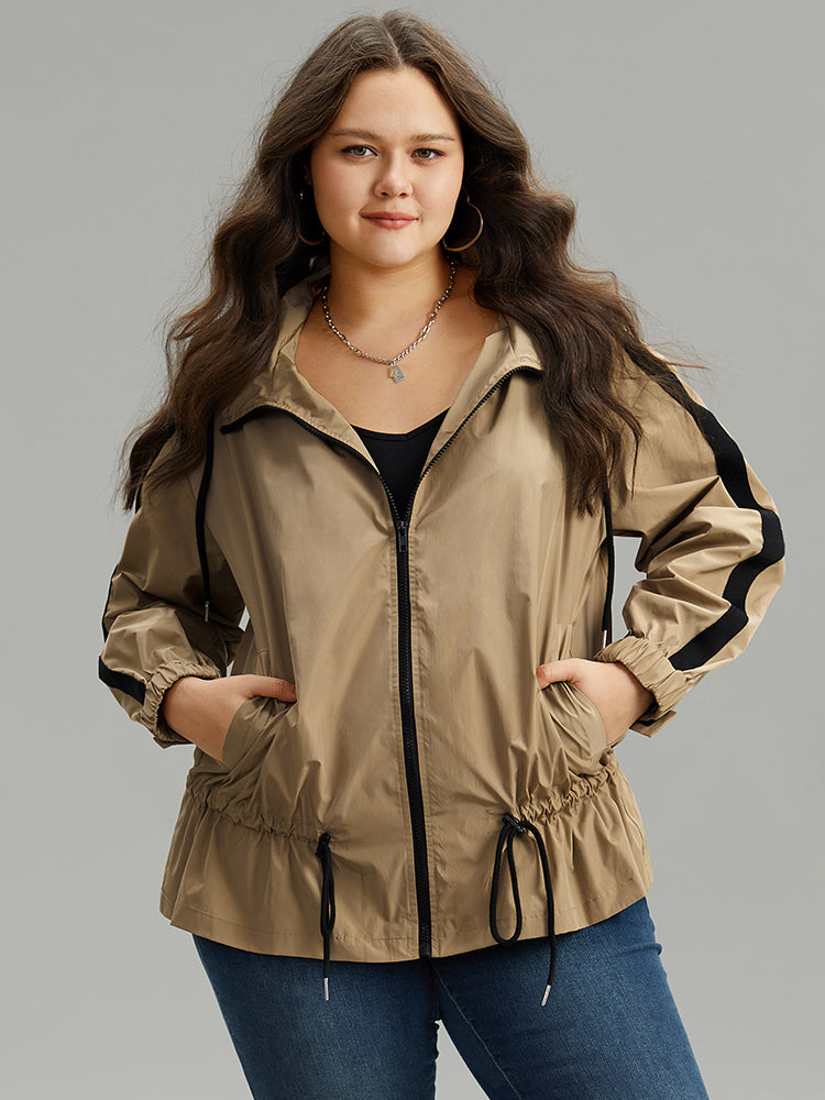 Wind-Resistant Contrast Trim Drawstring Jacket