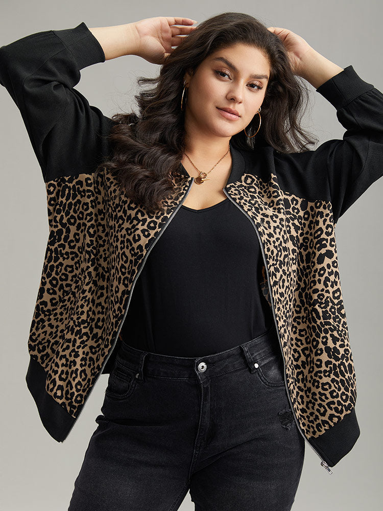 Leopard Print Pocket Zipper Bomber Jacket