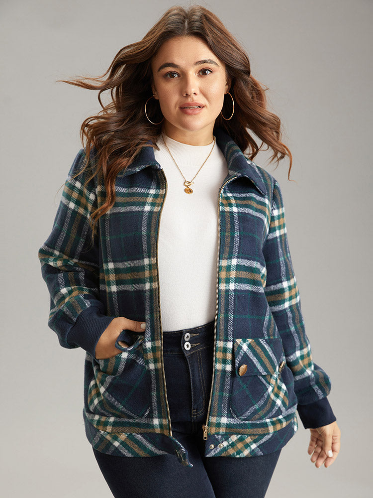 Plaid Button Detail Pocket Zipper Jacket