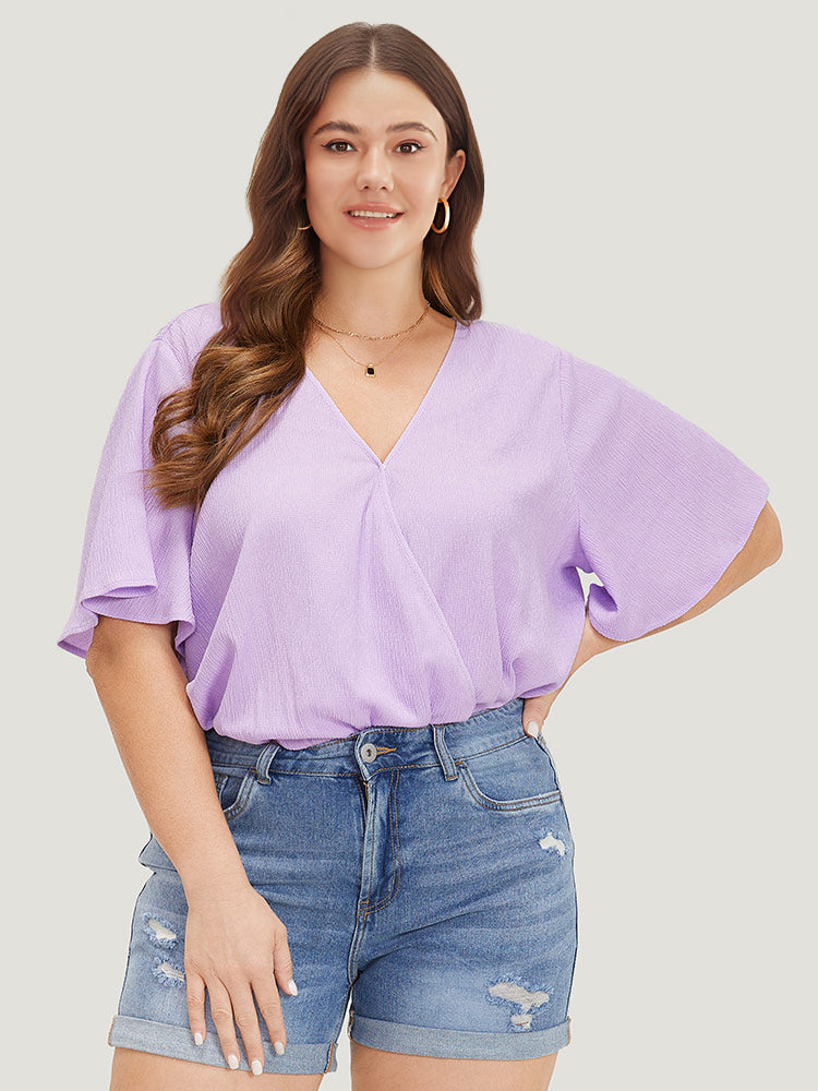 Solid Ruffle Sleeve V Neck Ruched Bodysuit