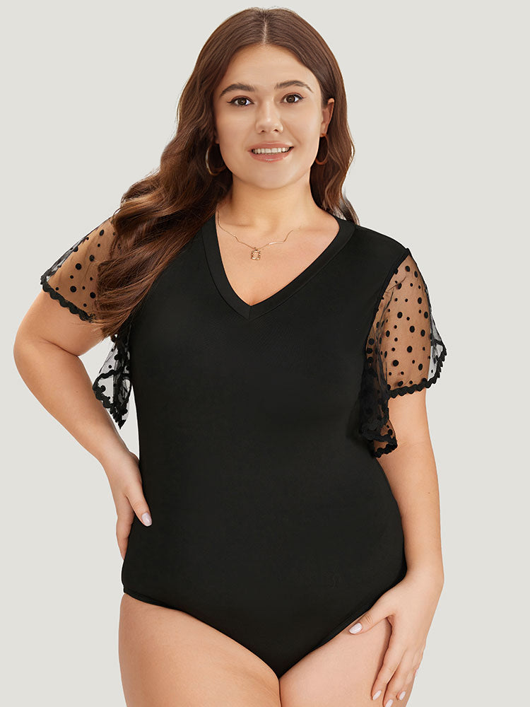 Contrast Lace Mesh Ruffle Sleeve V Neck Bodysuit