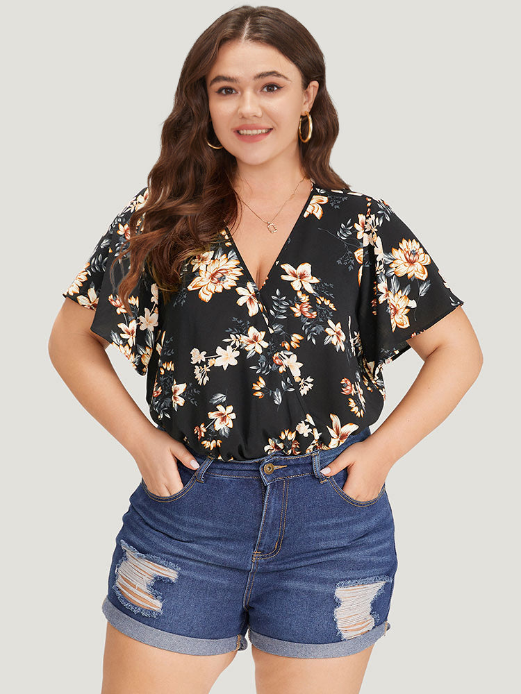 Floral Print Surplice Neck Ruffle Sleeve Bodysuit