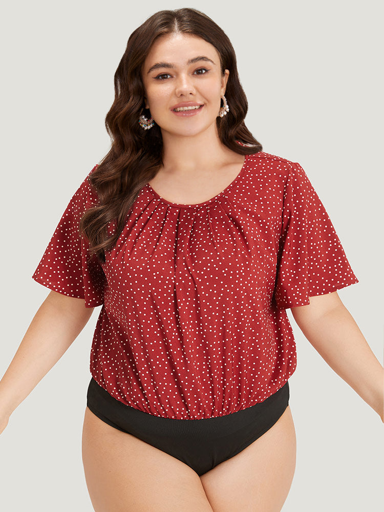 Polka Dot Elastic Waist Plicated Detail Ruffle Sleeve Bodysuit