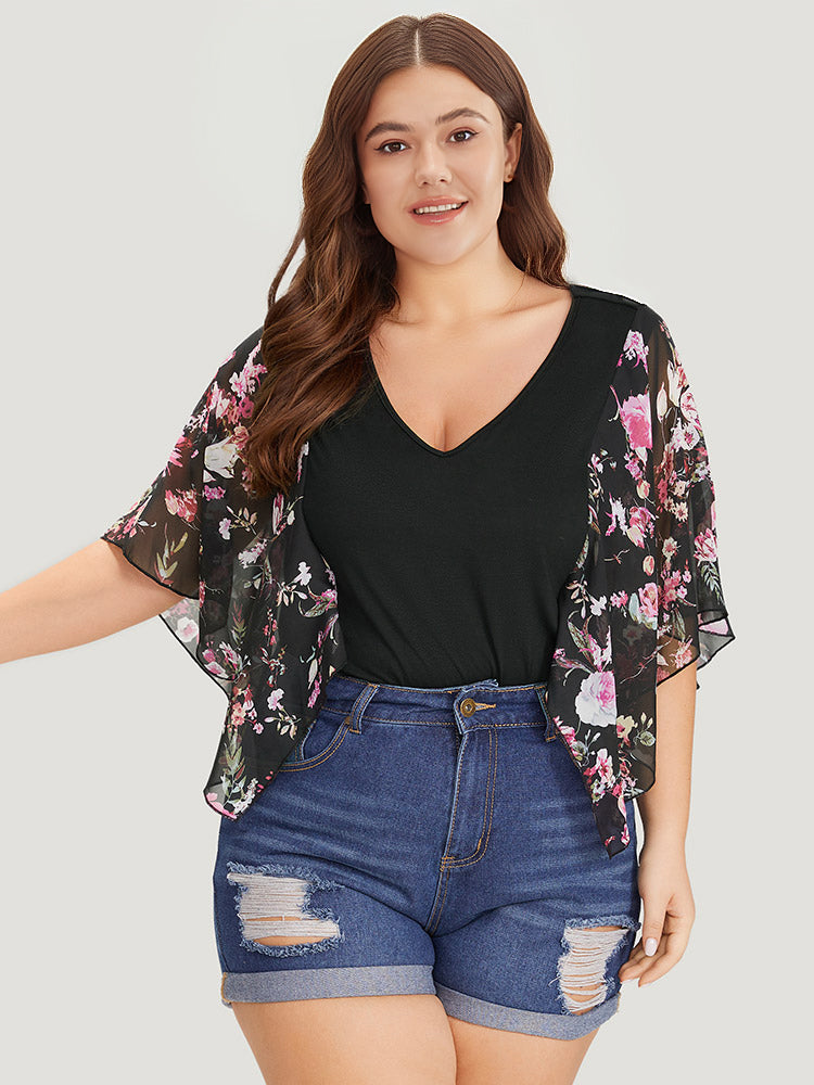 Floral Print Patchwork Mesh Asymmetrical Sleeve Bodysuit