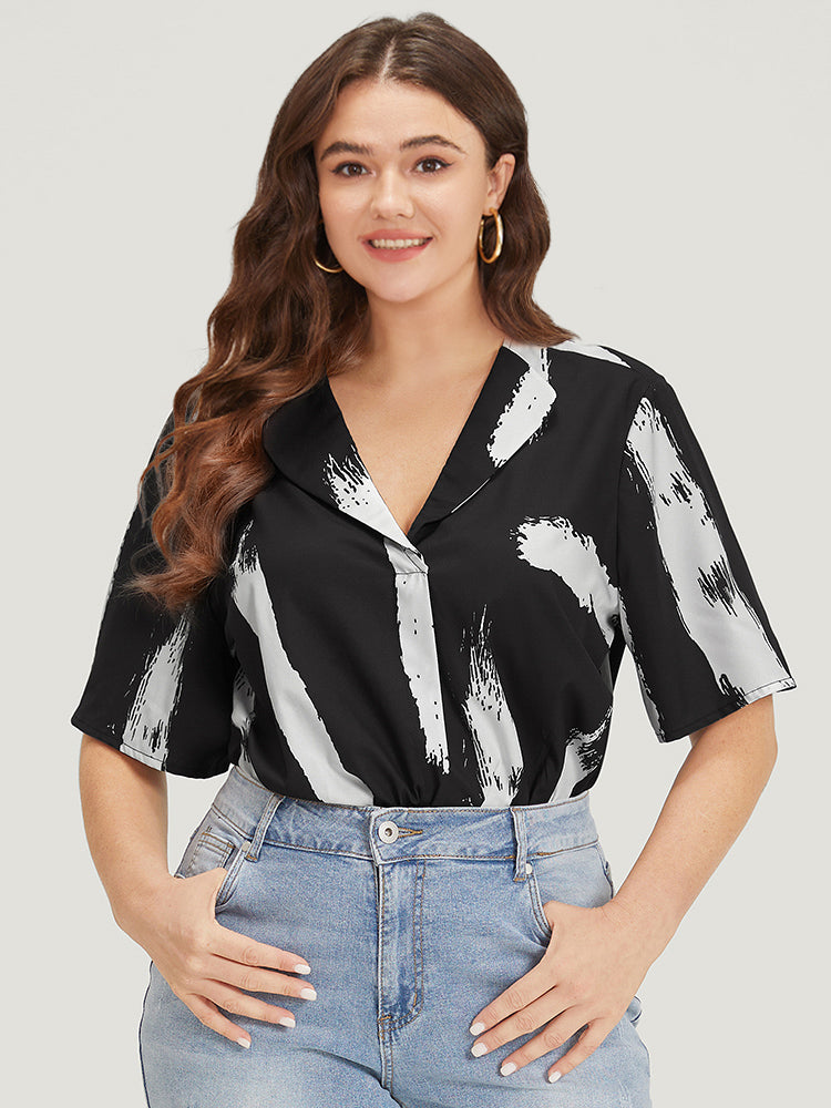 Brush Print Shirt Collar Elastic Waist Bodysuit