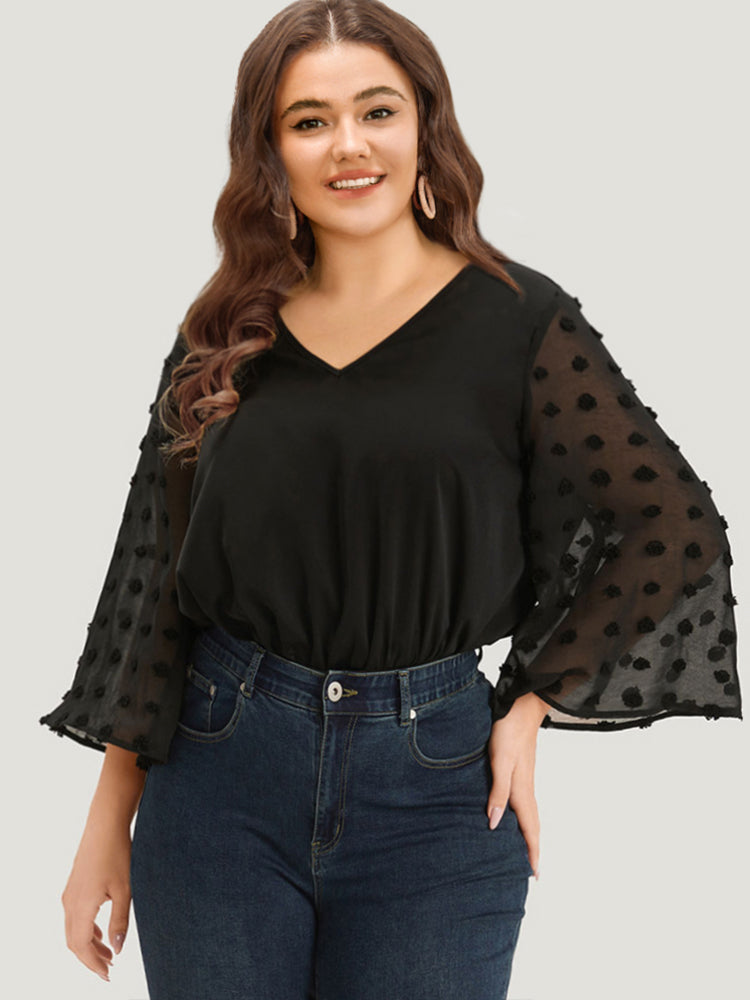 Polka Dot Patchwork Mesh Bell Sleeve Bodysuit