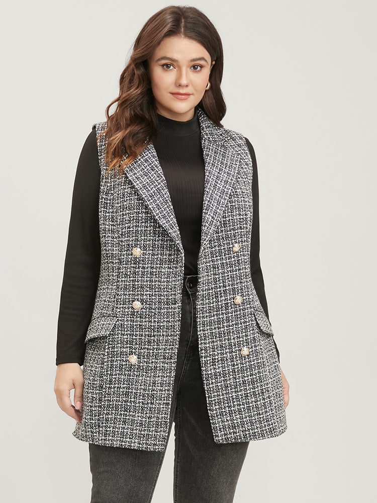 Gingham Tweed Flap Pocket Double Breasted Vest Blazer