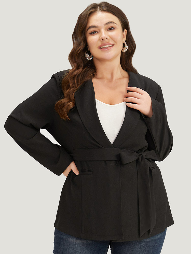 Plain Ties Pocket Belted Lapel Collar Blazer