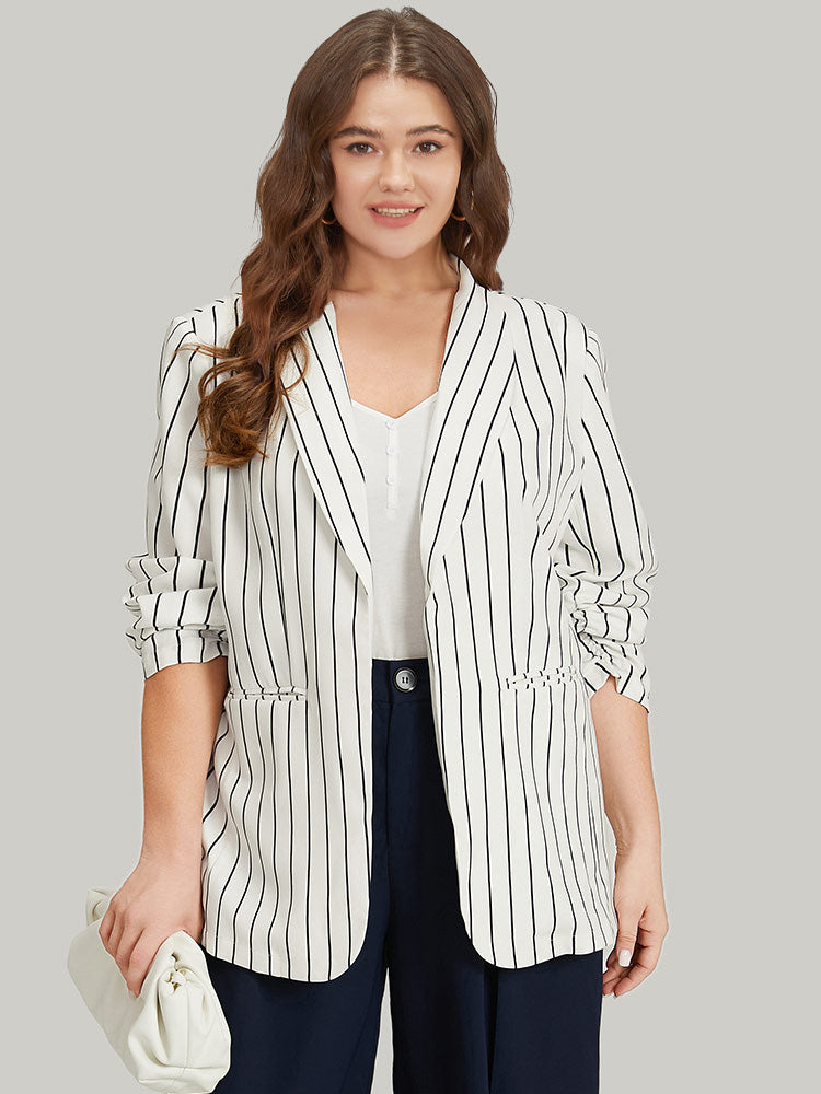 Striped Pocket Gathered Lapel Collar Blazer