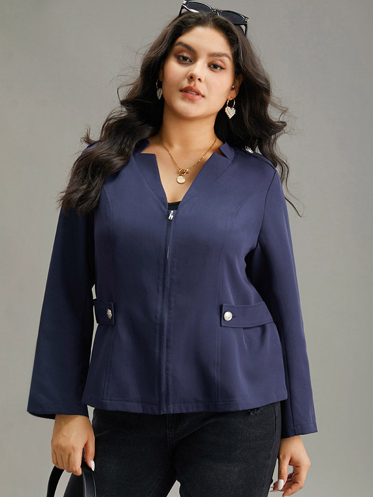 Plain Button Detail Notched Zipper Blazer