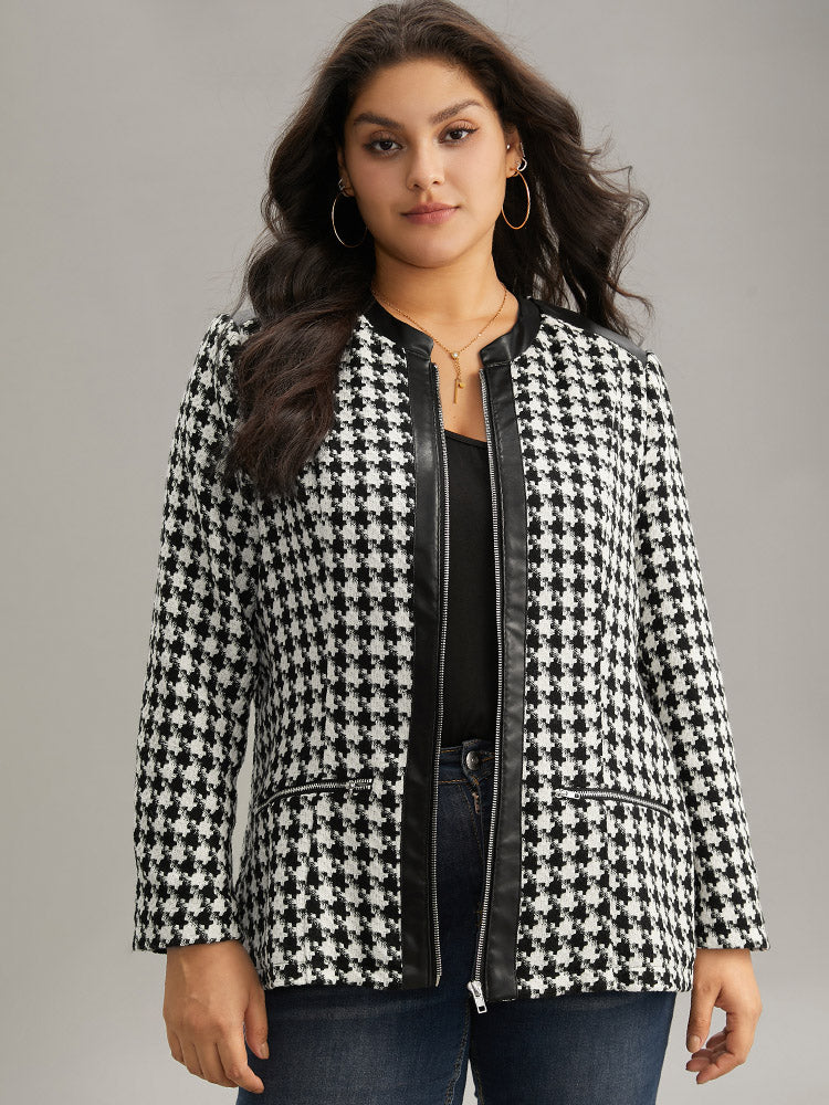 Houndstooth PU Leather Patchwork Tweed Zipper Blazer