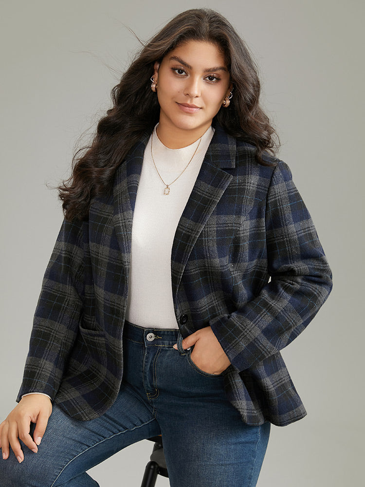 Plaid Button Up Suit Collar Woolen Blazer