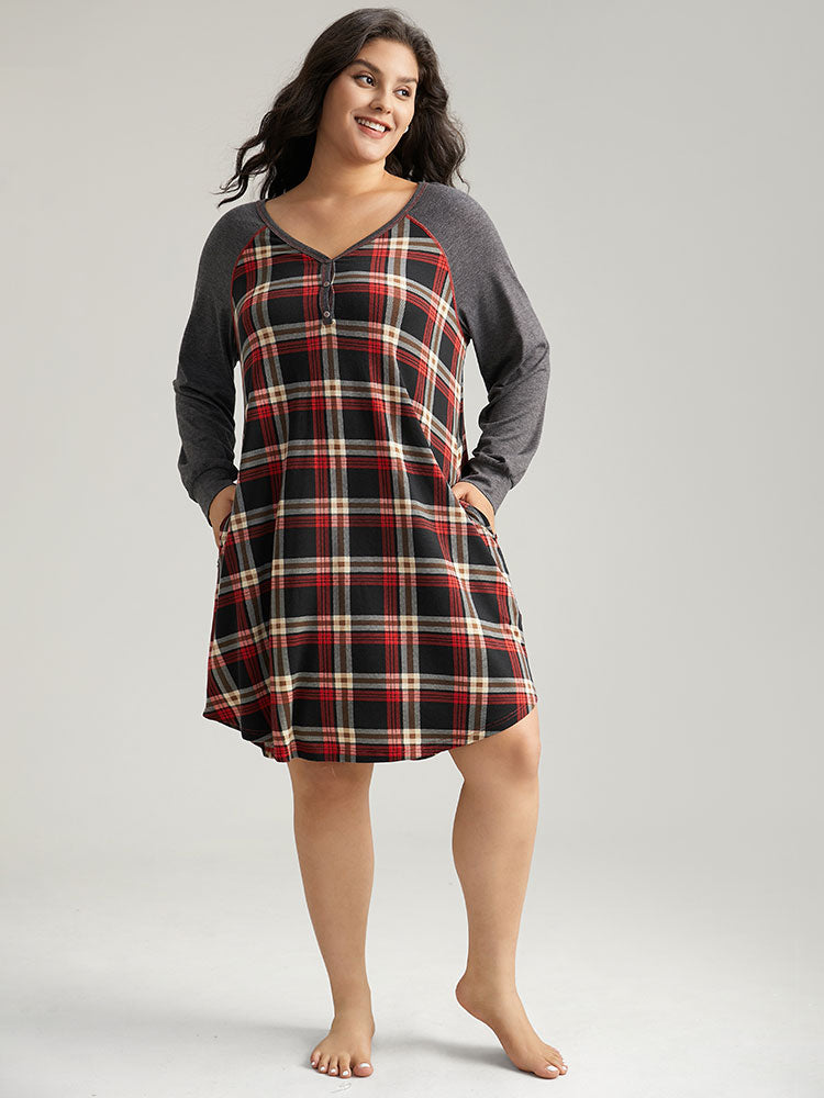 Plaid Patchwork Contrast Curved Hem Sleep Dress