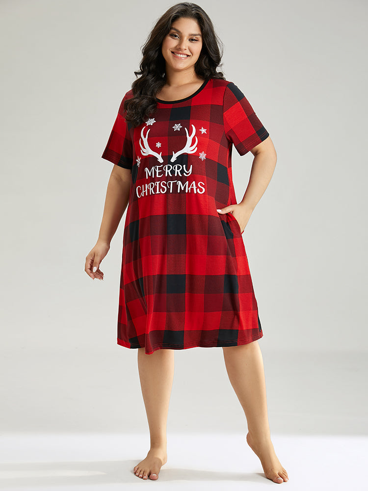 Christmas Elk Print Crew Neck Pocket Sleep Dress