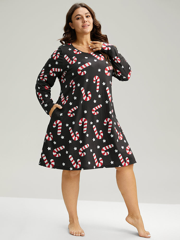 Christmas Candy Print Pocket Sleep Dress