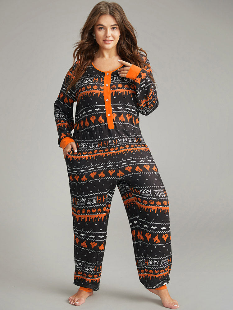 Halloween Print Contrast Button Up Sleep Jumpsuit