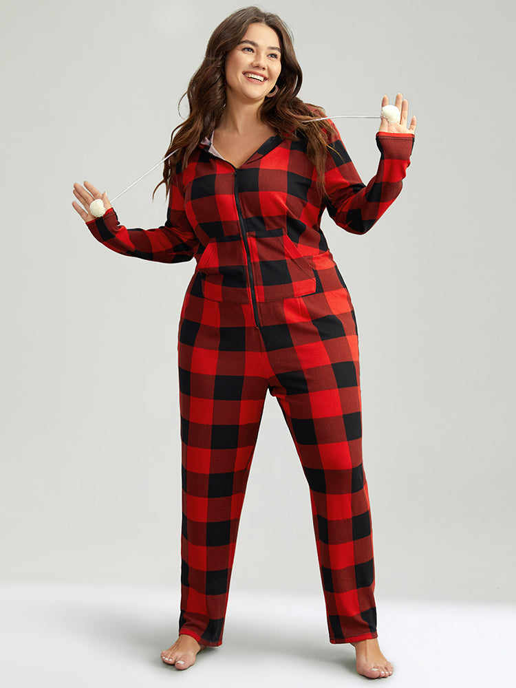 Plaid Zipper Hooded Fluffy Ball Pocket Sleep Jumpsuit