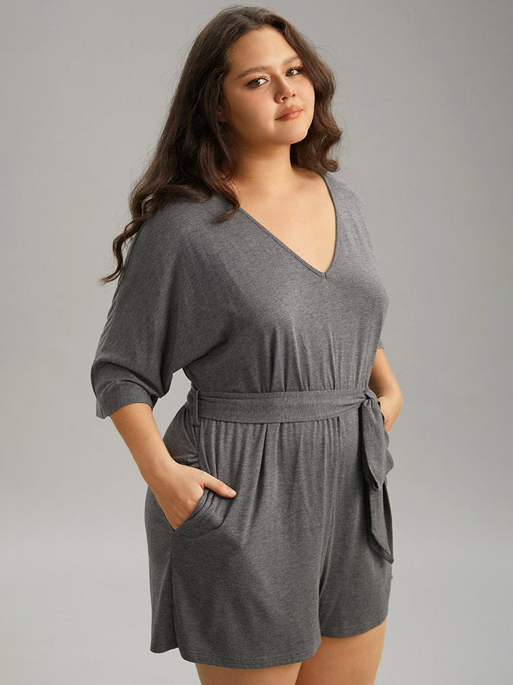 Solid Belted Pocket Sleep Romper