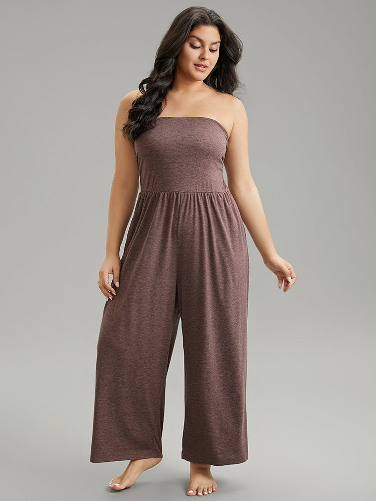 Plain Pocket Shoulderless Gathered Sleep Jumpsuit