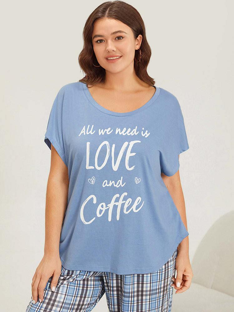 Letter Print Batwing Sleeve Curved Hem Sleep Top