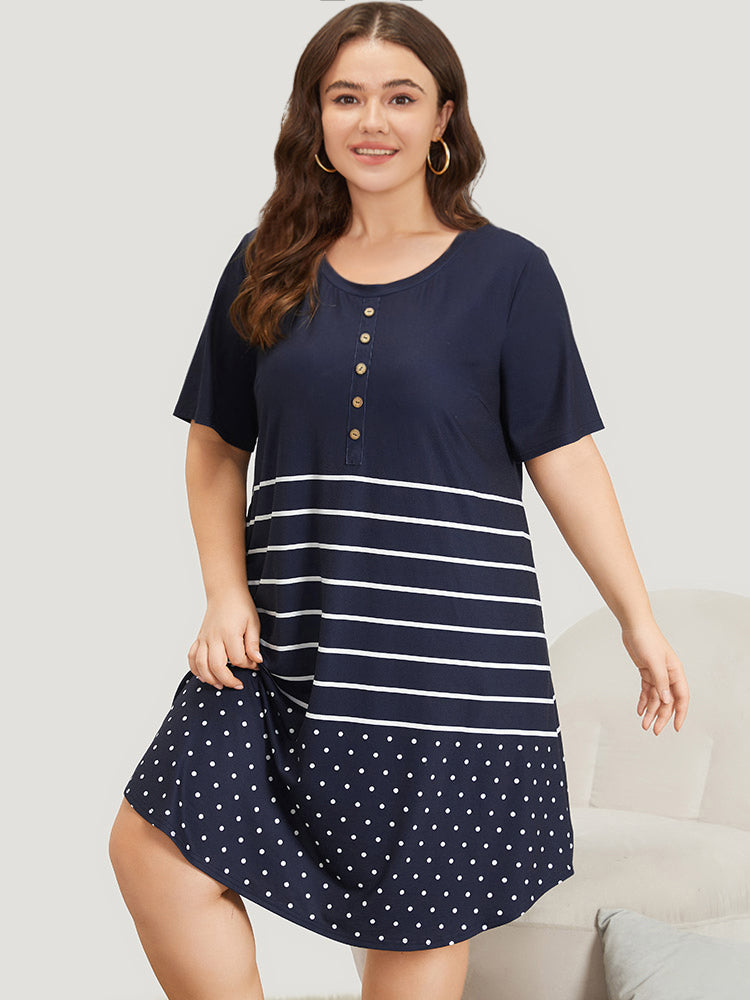 Striped & Polka Dot Print Pocket Button Detail Sleep Dress