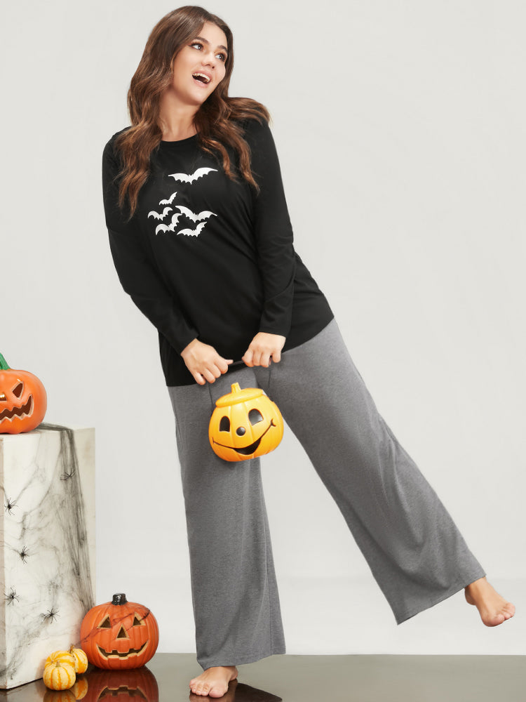 Halloween Bat Print Round Neck Pajama Set