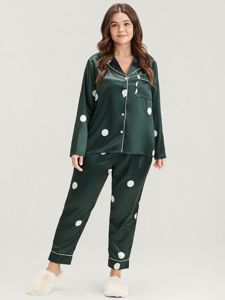 Polka Dot Contrast Trim Pocket Satin Pajama Set