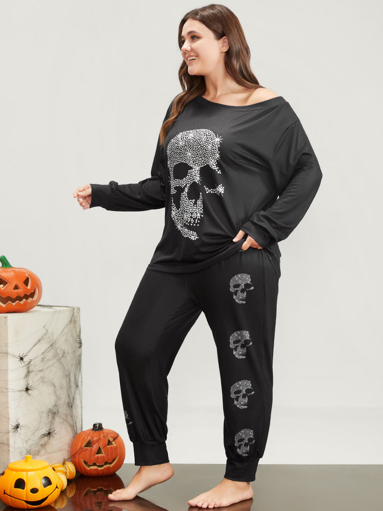 Halloween Skull Print One Shoulder Pajama Set