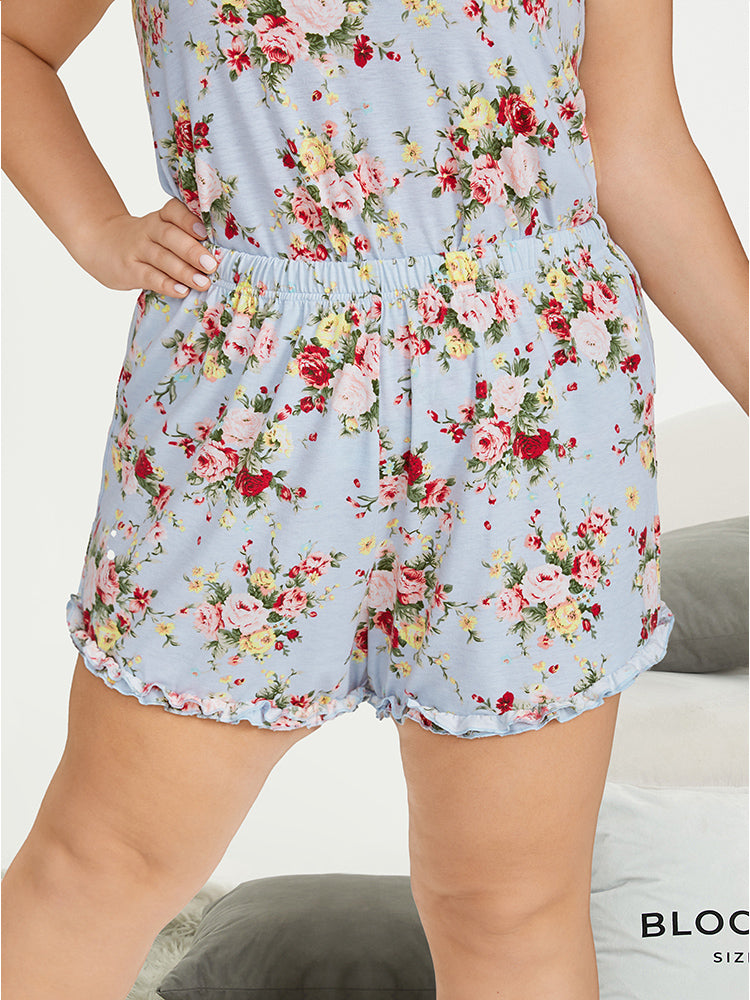 Floral Print Elastic Waist Frill Trim Sleep Shorts