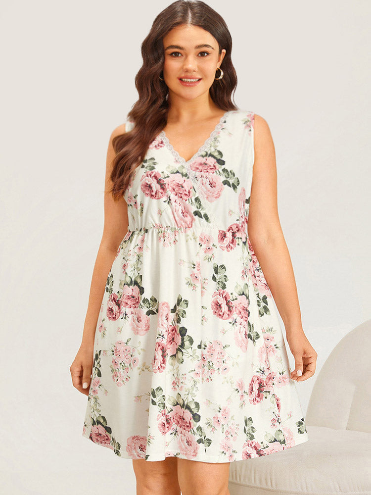 Floral Print Pocket Lace Panel Overlap Collar Tank Sleep Dress