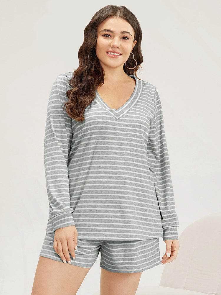 Striped Print V Neck Sleep Top