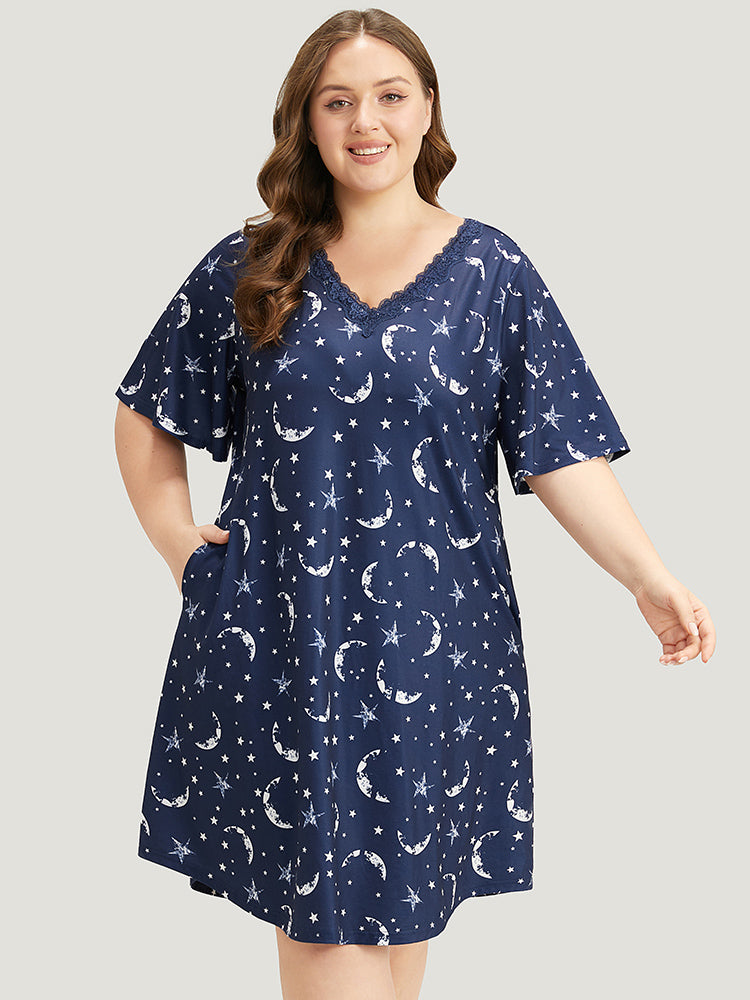 Halloween Moon & Star Print Guipure Lace Sleep Dress