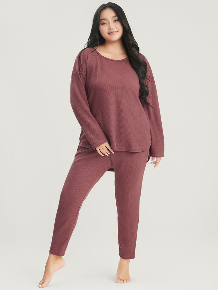 Solid Asymmetrical Hem Waffle Knit Pajama Set