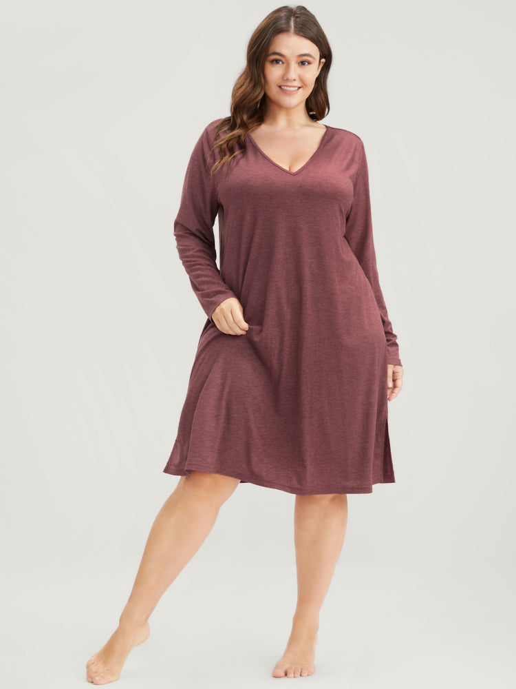 Solid V Neck Split Hem Sleep Dress