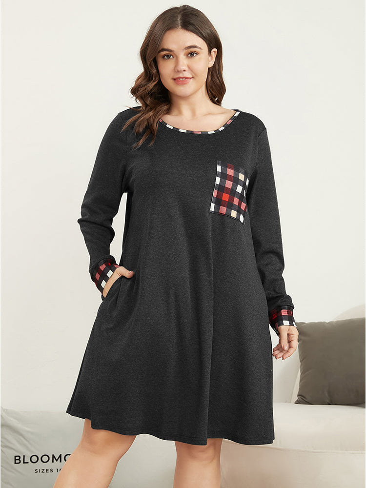 Gingham Print Round Neck Pocket Night Dress