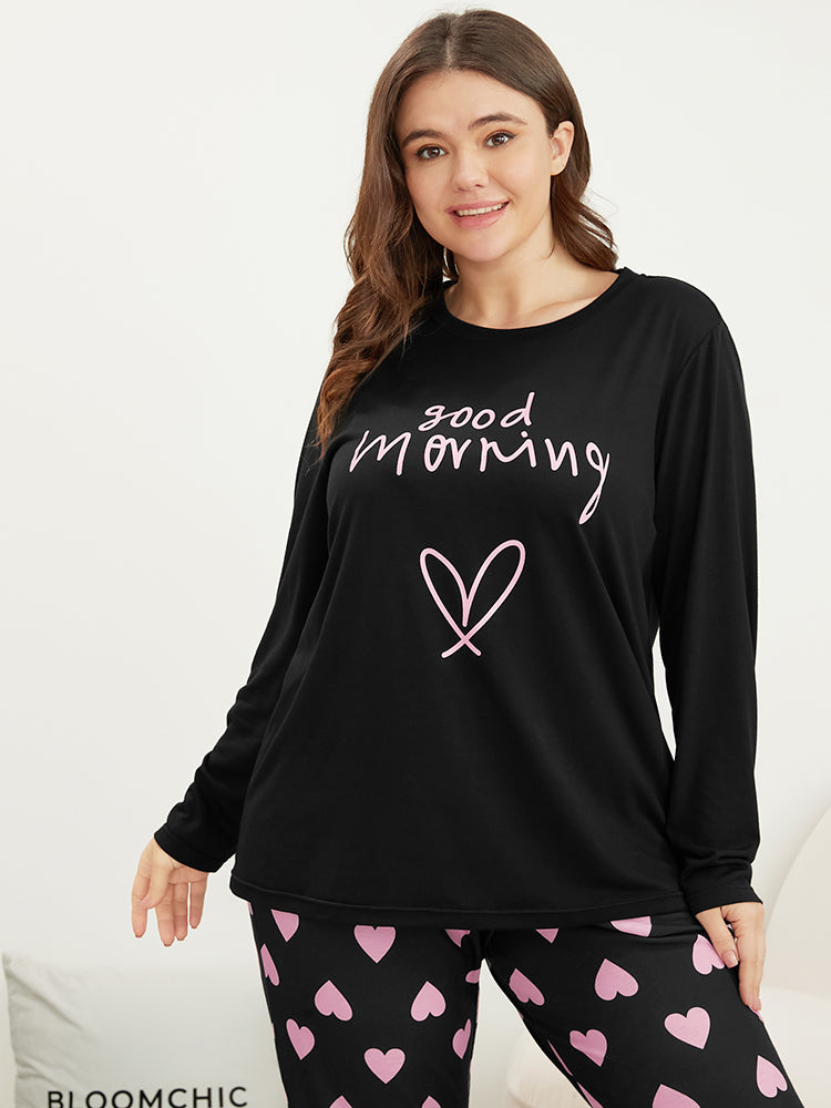 Heart & Letter Print Round Neck Sleep Top