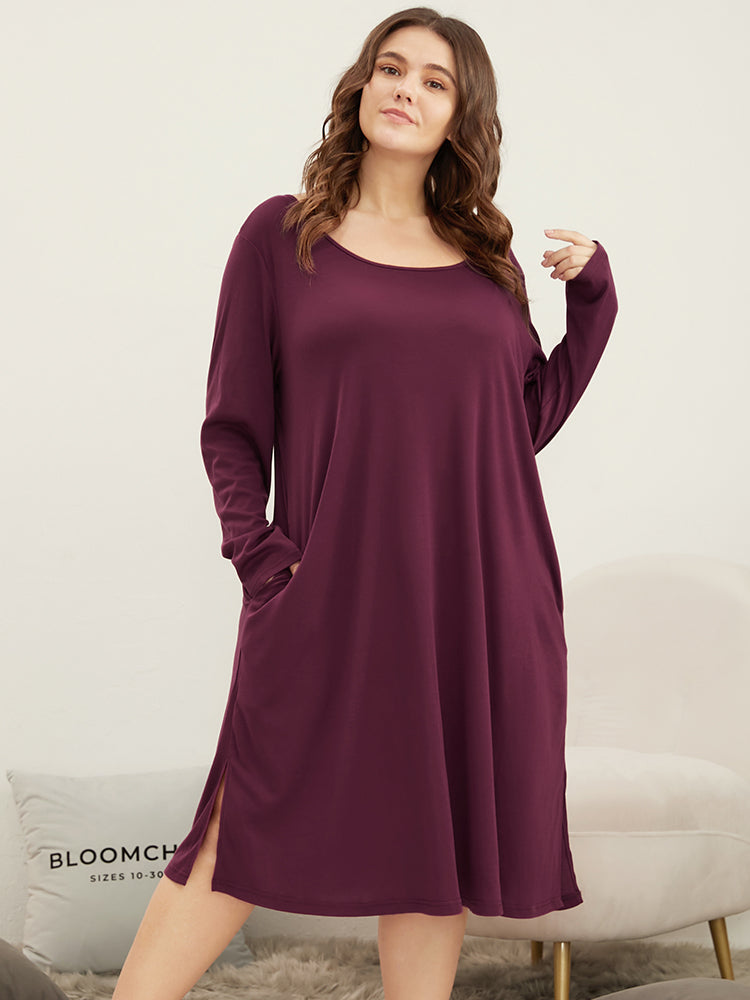 Solid Butterfly Round Neck Pocket Split Hem Sleep Dress