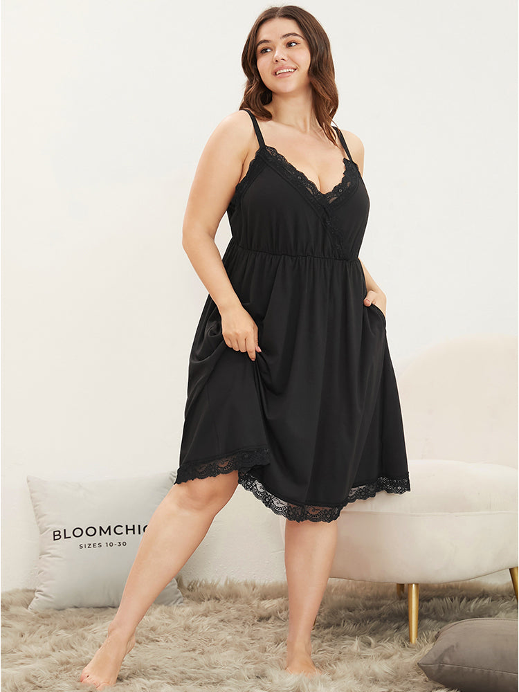 Plain Lace Trim Pocket Flutter Cami Night Dress